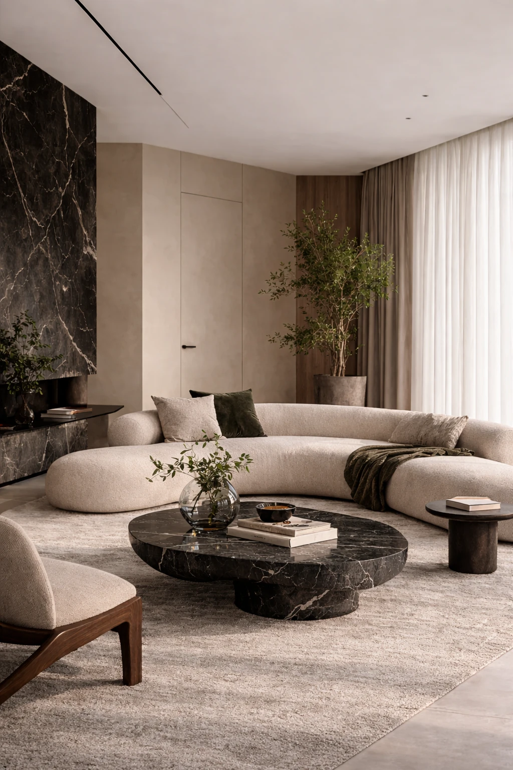 Современная светлая гостиная с мягким диваном, лаконичной мебелью и теплой нейтральной палитрой.