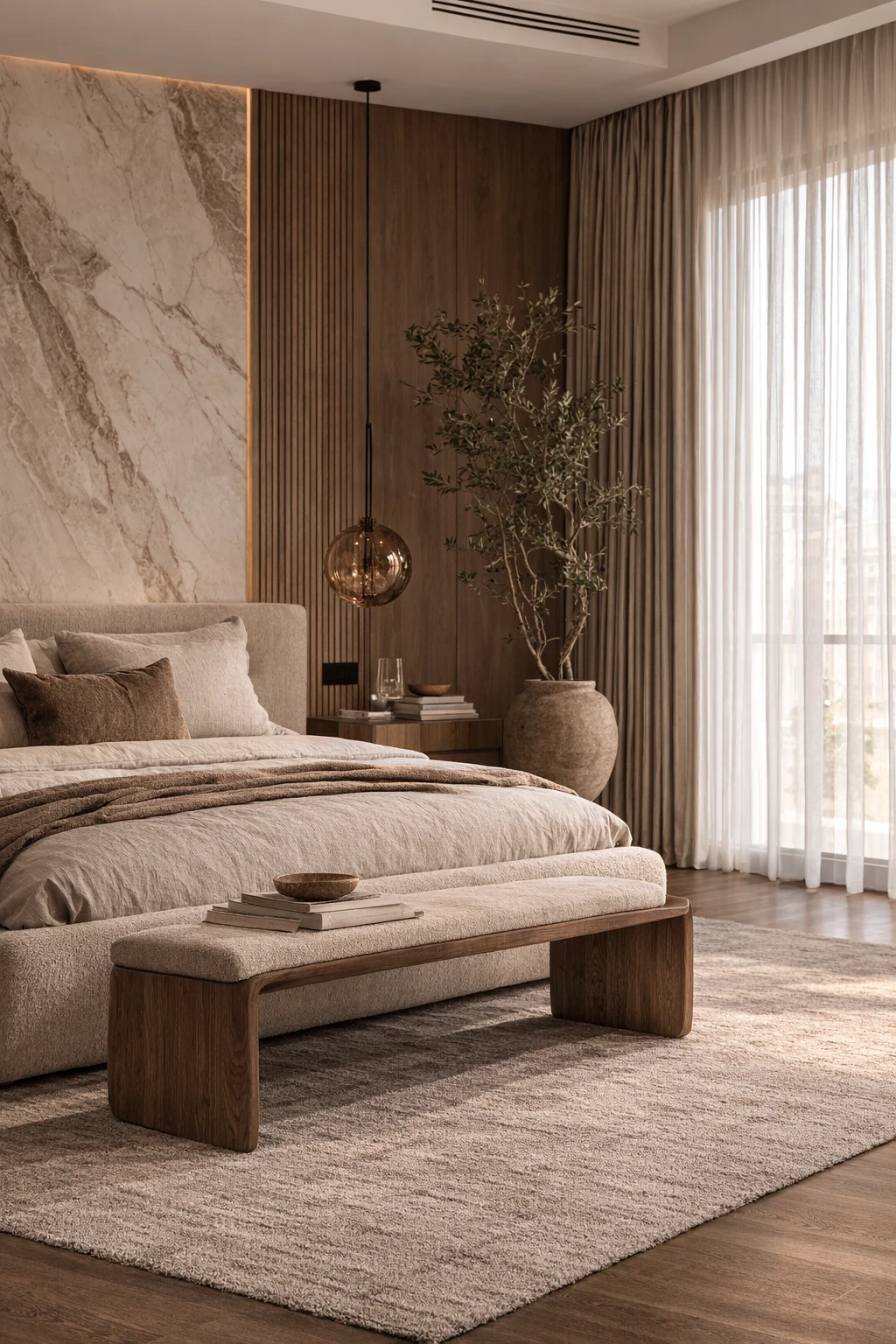 Уютная современная спальня с мягким изголовьем, теплым светом и спокойной нейтральной отделкой.