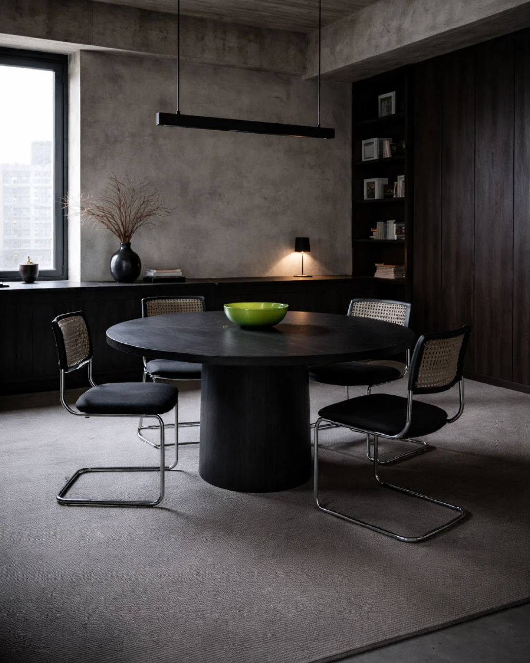 Зона гостиной современного апартамента в темных тонах с глубокими фактурами и минималистичной мебелью.