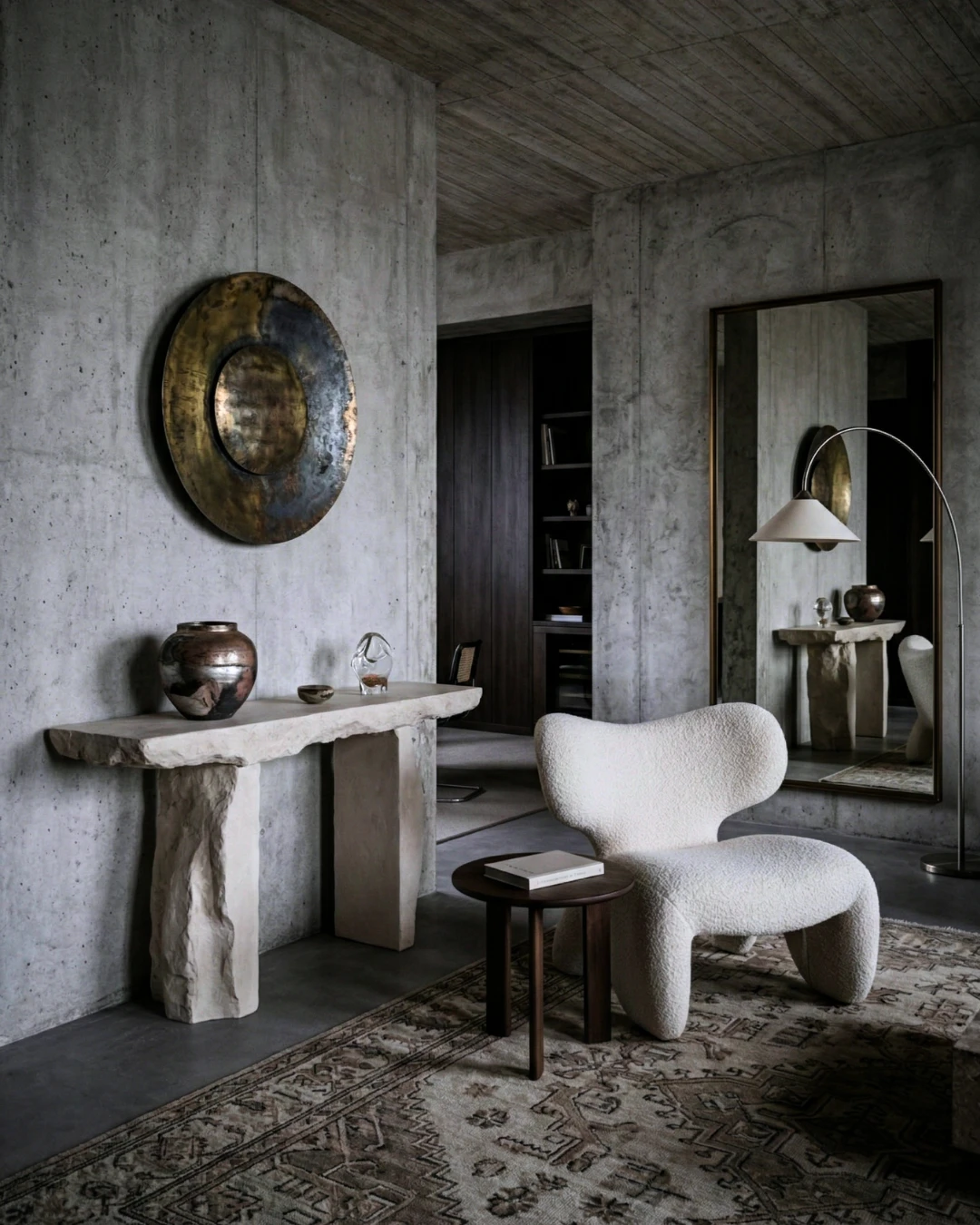 Интерьер современного апартамента с темным деревом, графитовыми поверхностями и мягким рассеянным светом.