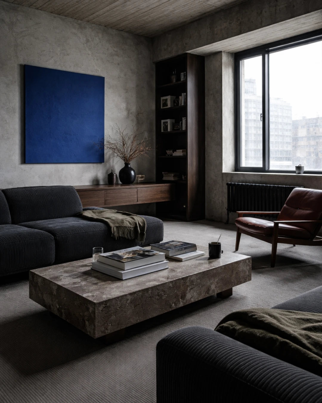 Современный апартамент в темной палитре с выразительными архитектурными линиями и атмосферным освещением.