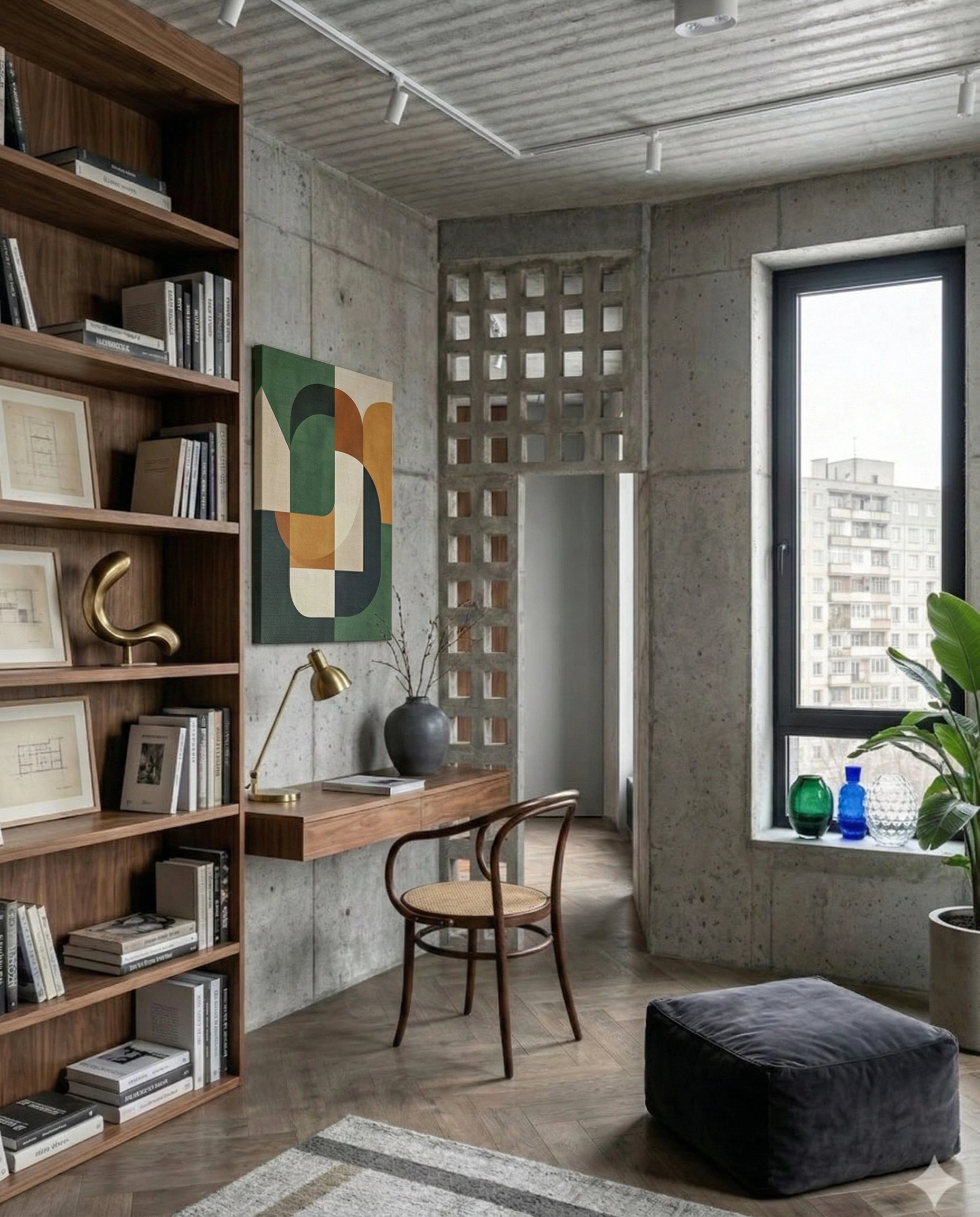 Интерьер квартиры с бетонной фактурой, акцентами приглушенного красного цвета и деревянными плоскостями.