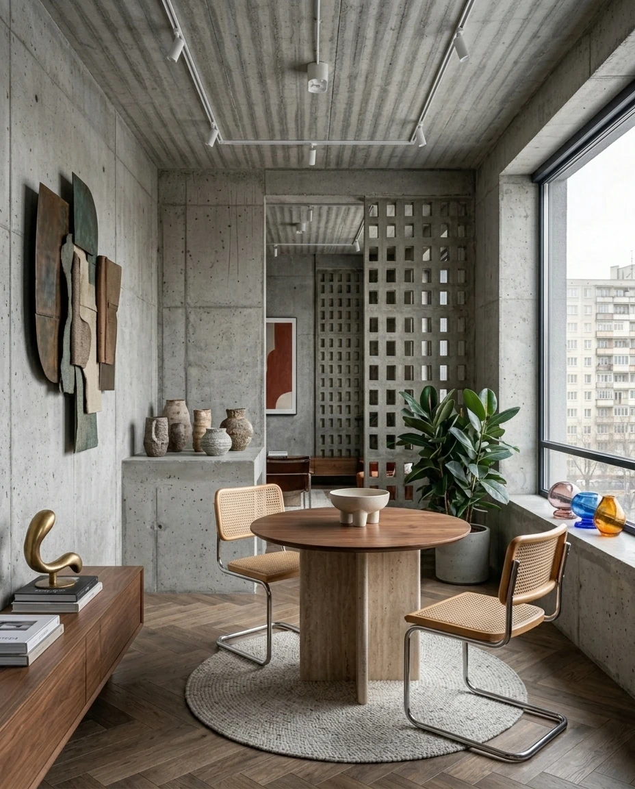 Жилое пространство в индустриальном стиле с архитектурным бетоном, теплым деревом и сложной красно-коричневой гаммой.