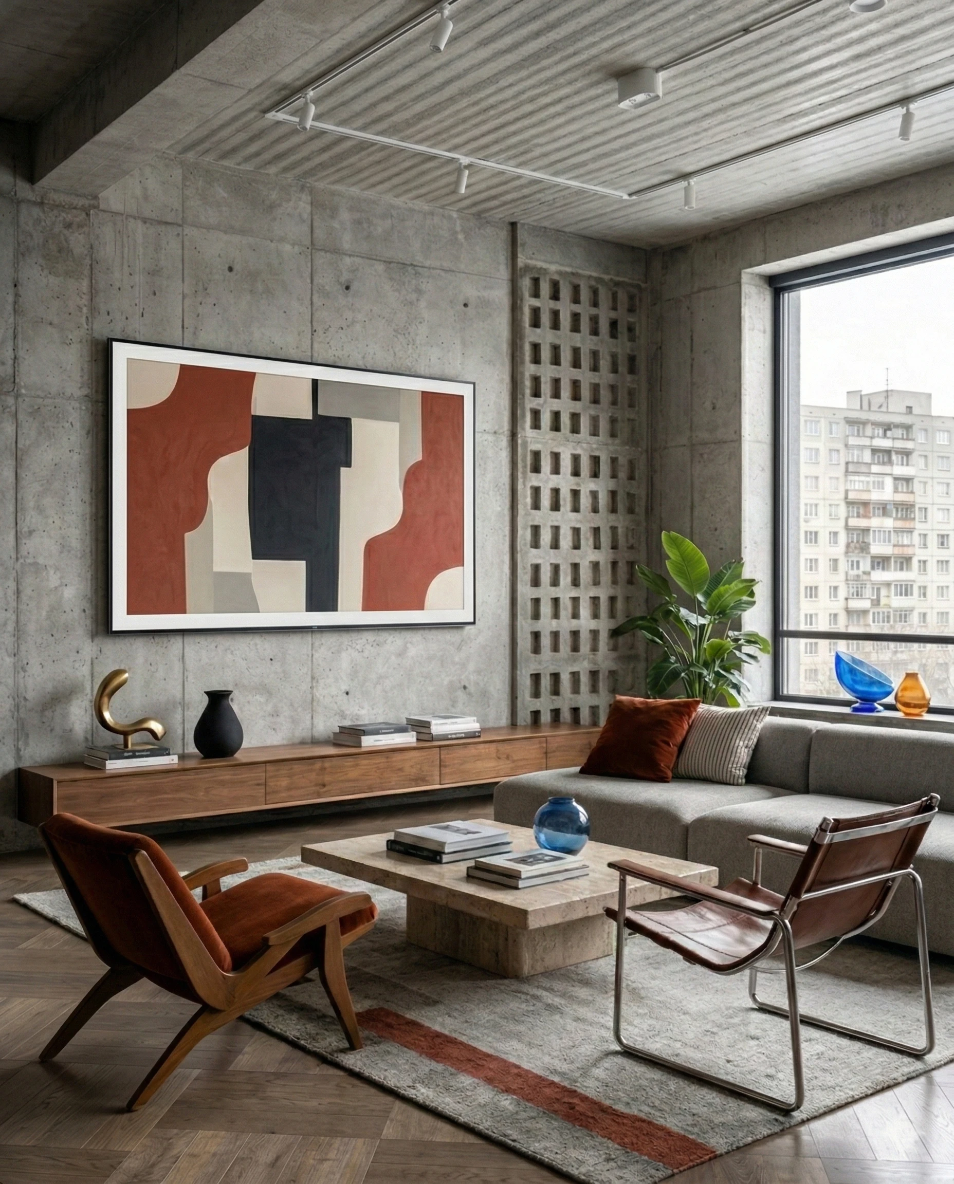 Деталь современного интерьера с бетонными поверхностями, темным деревом и терракотовыми акцентами.